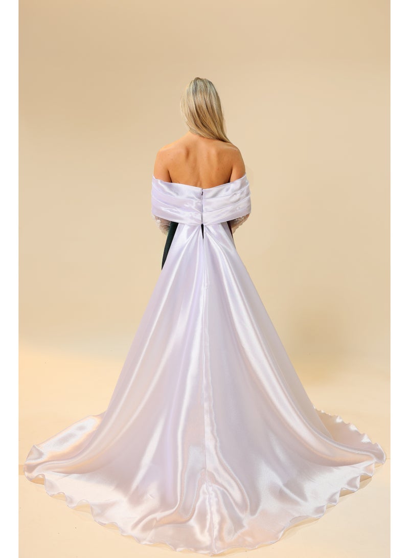 Off-Shoulder Evening Gown with Embroidered Sleeves and Draped Train – Elegant Formal Dress  - Image 2