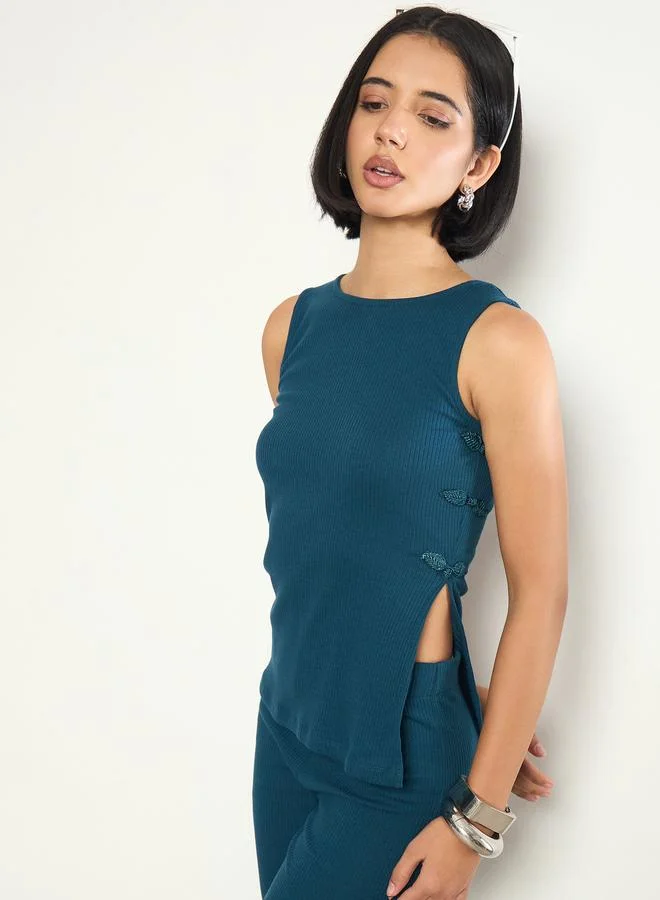 Sassafras Teal Rib Sleeveless Side Slit Top