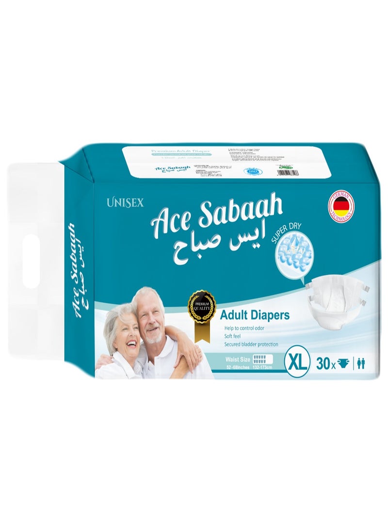 ايس صباح حفاضات إيس صباح سوبر دراي للبالغين ، مقاس XL ، ملمس ناعم ، عبوة من 30 قطعة ، مقاس الخصر 52-68 بوصة ، 132-173 سم  - Image 1