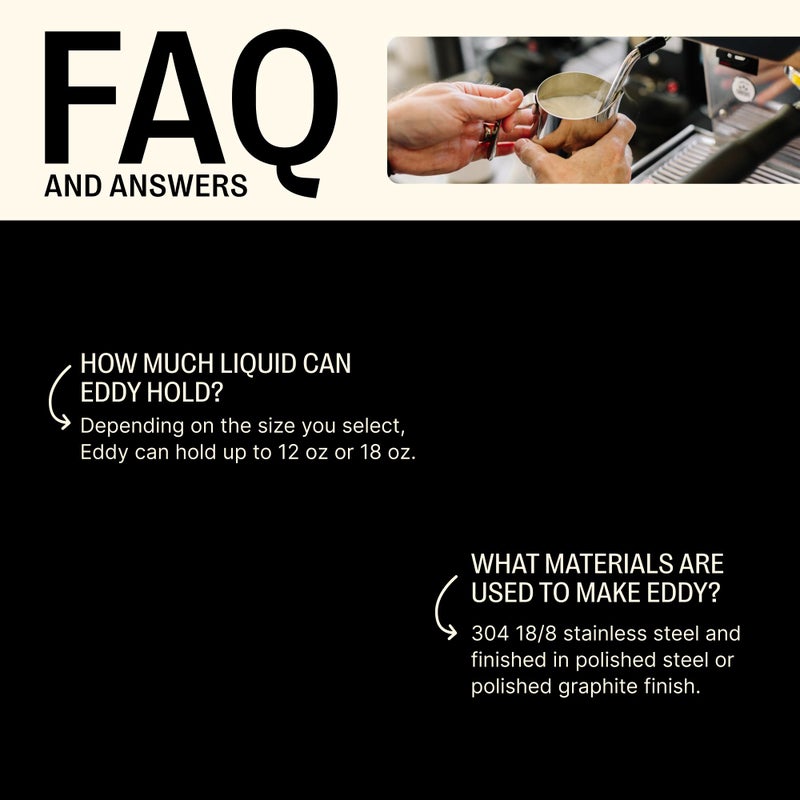 Fellow Eddy Steaming Pitcher - Milk Frother Pitcher with Fluted Spout, Premium Barista Tools for Precision Latte Art, 18/8 Stainless Steel, Graphite, 12oz Jug - Image 3