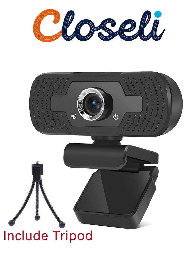 Closeli 1080P Webcam with Tripod Stand, 30 FPS Full HD Web Camera, Webcam for PC / Laptop, USB Plug & Play, with HD Microphone, 360°Rotation Angle 110°View, Dual Noise Reduction, Auto Focus, for Video Recording, Calling, Conference, Desktop, YouTube - Image 1