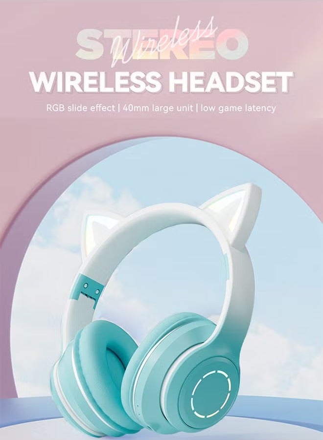 Bluetooth Over-Ear Headphone,RGB Cat-Ear Stereo Sound Headset,TF card/Wired/Wireless Mode-Green - Image 2