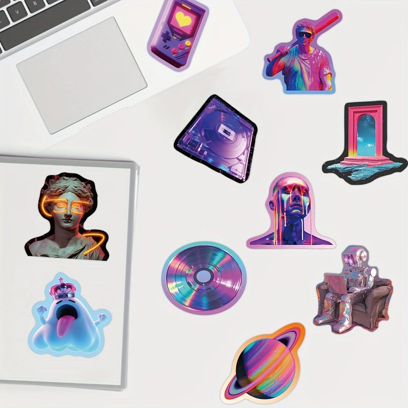 50 Pcs GUTBD Cyberpunk Laser Style Stickers Vibrant Waterproof PVC Decals Reusable Self Adhesive Perfect for Laptops iPads Computers Fridges Suitcases English Text Irregular Shapes - Image 3