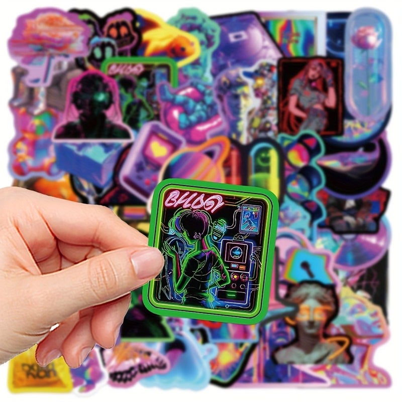 50 Pcs GUTBD Cyberpunk Laser Style Stickers Vibrant Waterproof PVC Decals Reusable Self Adhesive Perfect for Laptops iPads Computers Fridges Suitcases English Text Irregular Shapes - Image 5
