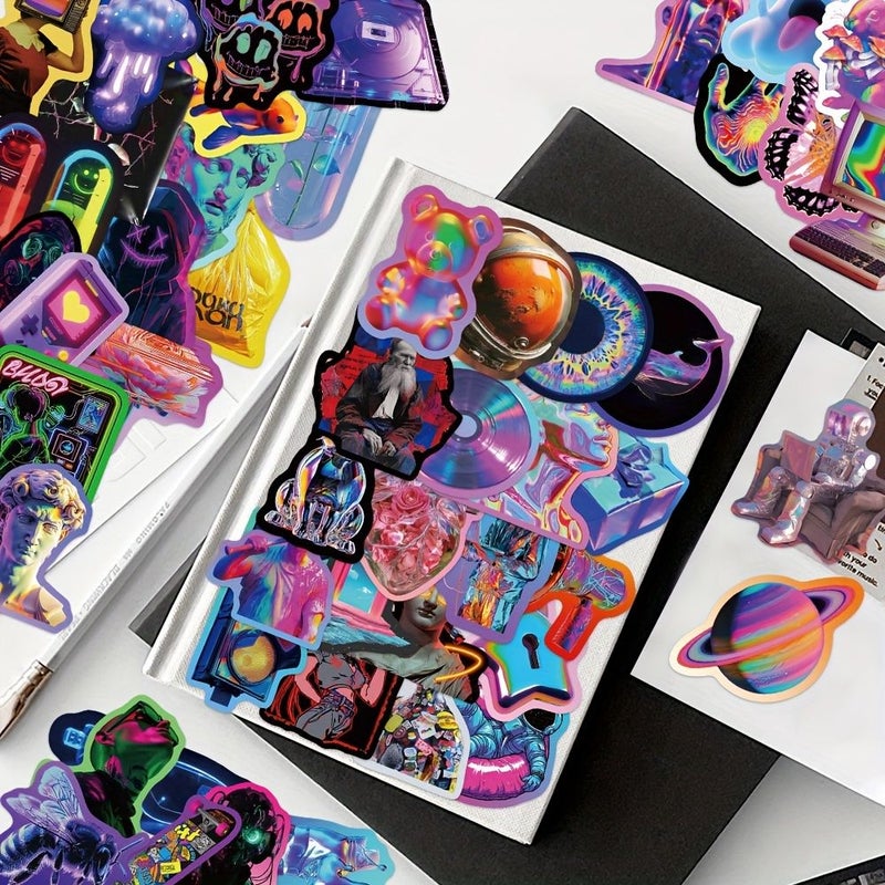 50 Pcs GUTBD Cyberpunk Laser Style Stickers Vibrant Waterproof PVC Decals Reusable Self Adhesive Perfect for Laptops iPads Computers Fridges Suitcases English Text Irregular Shapes - Image 4
