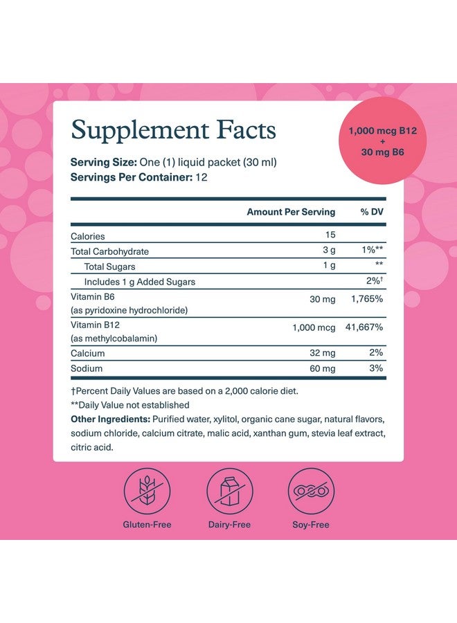 Youtheory Vitamin B12 B6, Daily Energy and Brain Support Supplement, Liquid Raspberry Flavor, 12 - 1oz Single Serving Packets - Image 2