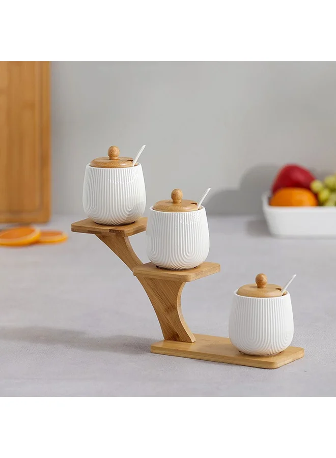 DANUBE HOME Princess 3 Piece Condiment Set 350 Ml Porcelain Bamboo Stylish Condiment Holder Elegant Dining Accessories For Home Kitchen And Dining Room L32.8xW9.5xH11.5cm White