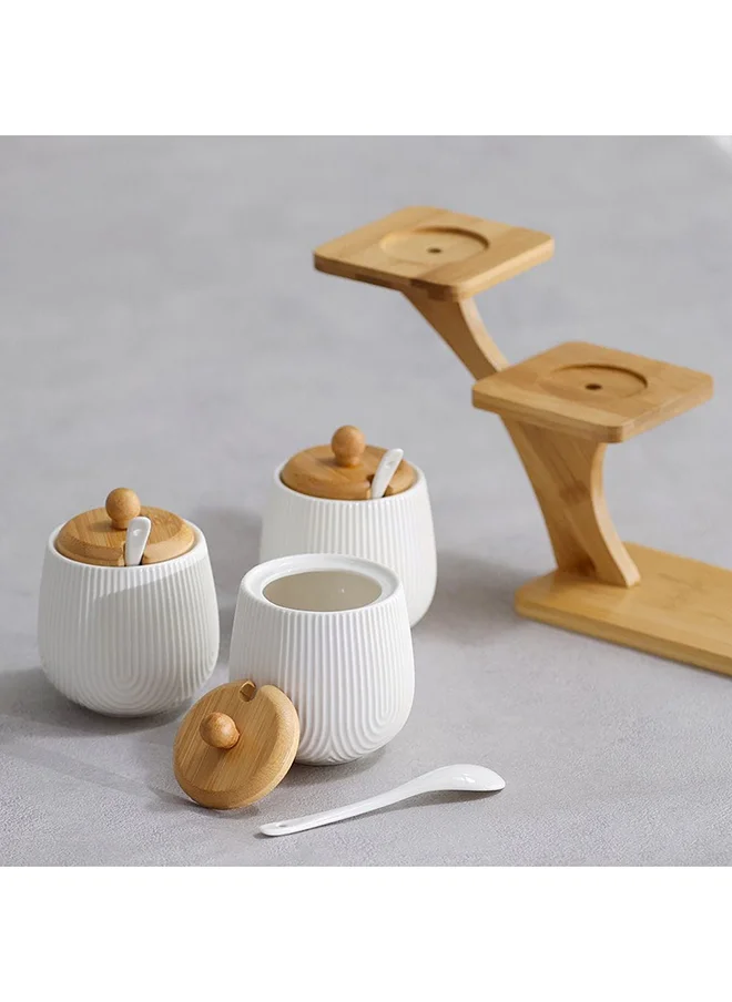 DANUBE HOME Princess 3 Piece Condiment Set 350 Ml Porcelain Bamboo Stylish Condiment Holder Elegant Dining Accessories For Home Kitchen And Dining Room L32.8xW9.5xH11.5cm White