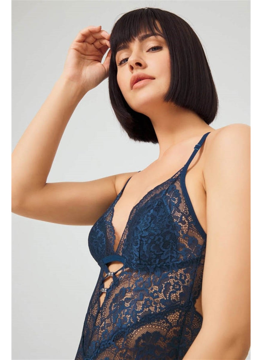COTTONHILL Petrol Green Snap Back Low-cut Covered Lace Women's Bodysuit  - Image 3