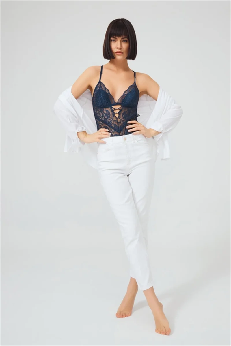 كوتن هيل Petrol Green Snap Back Low-cut Covered Lace Women's Bodysuit