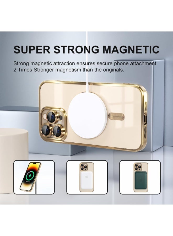 Magnetic Case for iPhone 14 Pro Max Compatible with MagSafe, [Anti-Yellowing] [Military-Grade Drop Protection] Full Camera Lens Protection, Plated Soft Flexible Transparent Phone Case for Women, Golden - Image 3