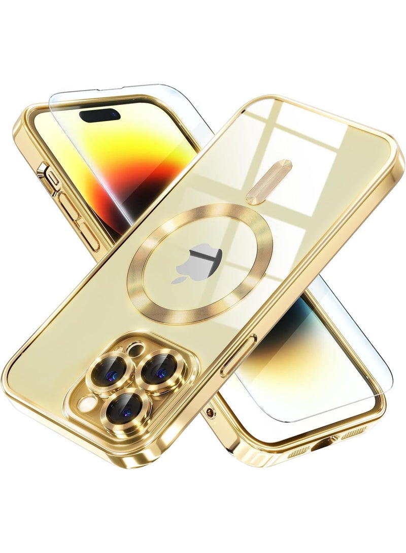 Magnetic Case for iPhone 14 Pro Max Compatible with MagSafe, [Anti-Yellowing] [Military-Grade Drop Protection] Full Camera Lens Protection, Plated Soft Flexible Transparent Phone Case for Women, Golden - Image 1