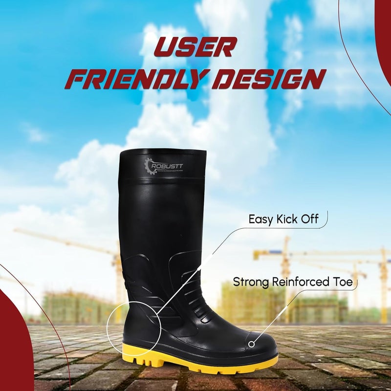 ROBUSTT Steel Toe Lightweight Gum Boots | Standard Steel Safety Shoes | Anti Slip, Waterpoof | Breathable Printed Leather Shoes | Puncture and Tear Resistant | For Industrial Use (Yellow) - Image 4