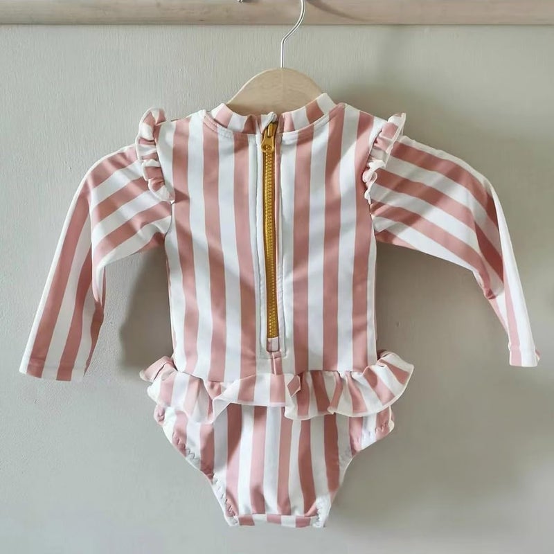 LDIOIF Toddler Girls One Piece Bathing Suit Pink Striped Swimsuit Zipper Long Sleeve Rash Guard Swimwear with Ruffle Hem 2-3T - Image 3