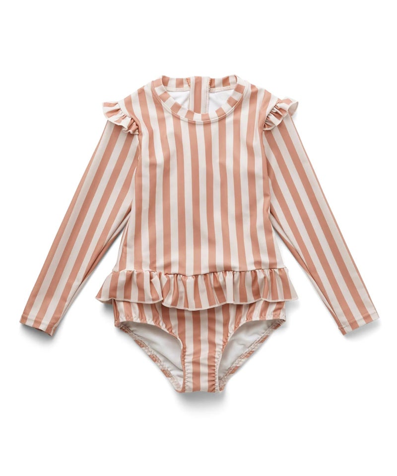 LDIOIF Toddler Girls One Piece Bathing Suit Pink Striped Swimsuit Zipper Long Sleeve Rash Guard Swimwear with Ruffle Hem 2-3T - Image 1