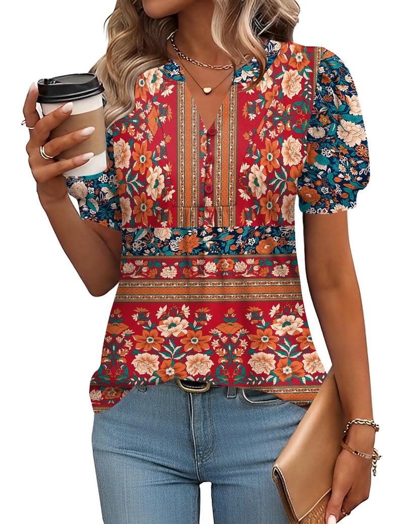 IECCP Womens Tops Business Casual Puff Sleeve Shirts 2025 Summer Fashion Shirts Cute V Neck Dressy Pleated Tunic Top (Red Blue Print,XL) - Image 1