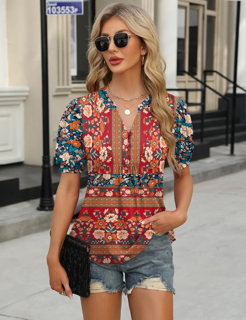 IECCP Womens Tops Business Casual Puff Sleeve Shirts 2025 Summer Fashion Shirts Cute V Neck Dressy Pleated Tunic Top (Red Blue Print,XL) - Image 4
