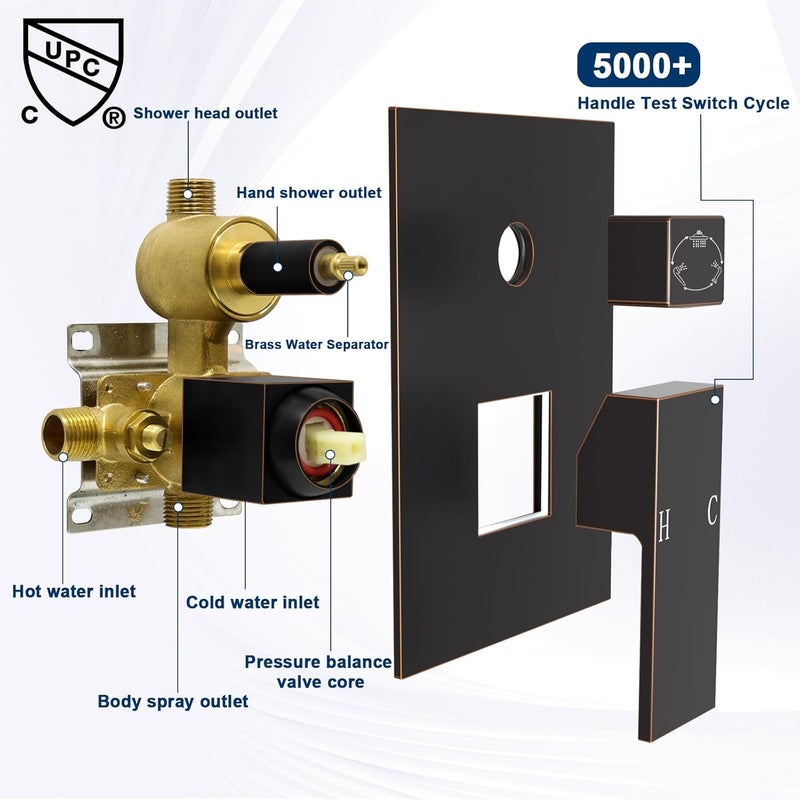 G Solid Brass 3 Way Outlet Function Shower Diverter Valve, Drettyer Pressure Balancing Mixer Mixing Rough-In Valve Kit Replacement, Oil Rubbed Bronze - Image 5