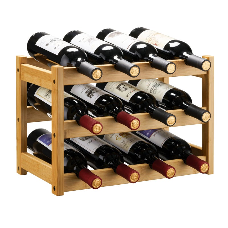 VASMIA Bamboo Wine Rack Sturdy and Durable Wine Storage Cabinet Shelf Wine Racks Countertop for PantryKitchen3Tier 12 Bottles Wine Rack Natural
