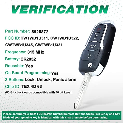 Beefunny Replacement Upgraded Flip Remote Car Key Fob 315MHz 4D63 Chip for Ford Lincoln Mercury FCC ID CWTWB1U345 CWTWB1U331 CWTWB1U322 GQ43VT11T - Image 3