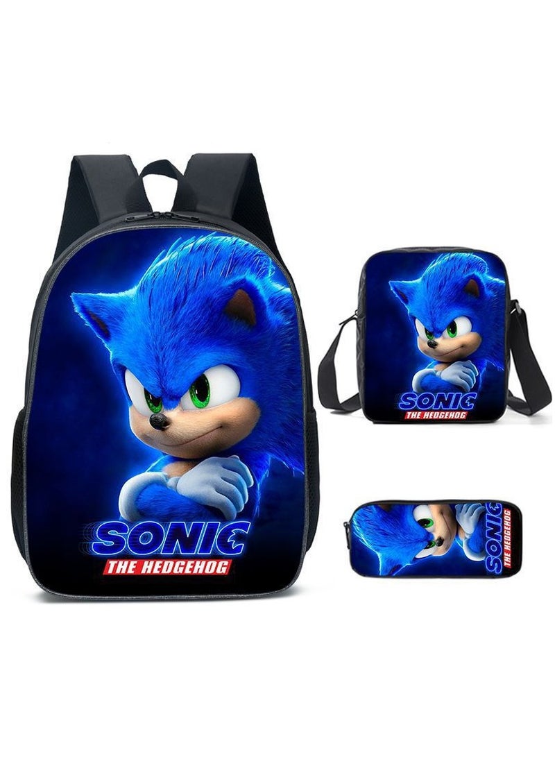 Sonic student large capacity backpack three piece set, anime cartoon backpack, shoulder bag pen bag
