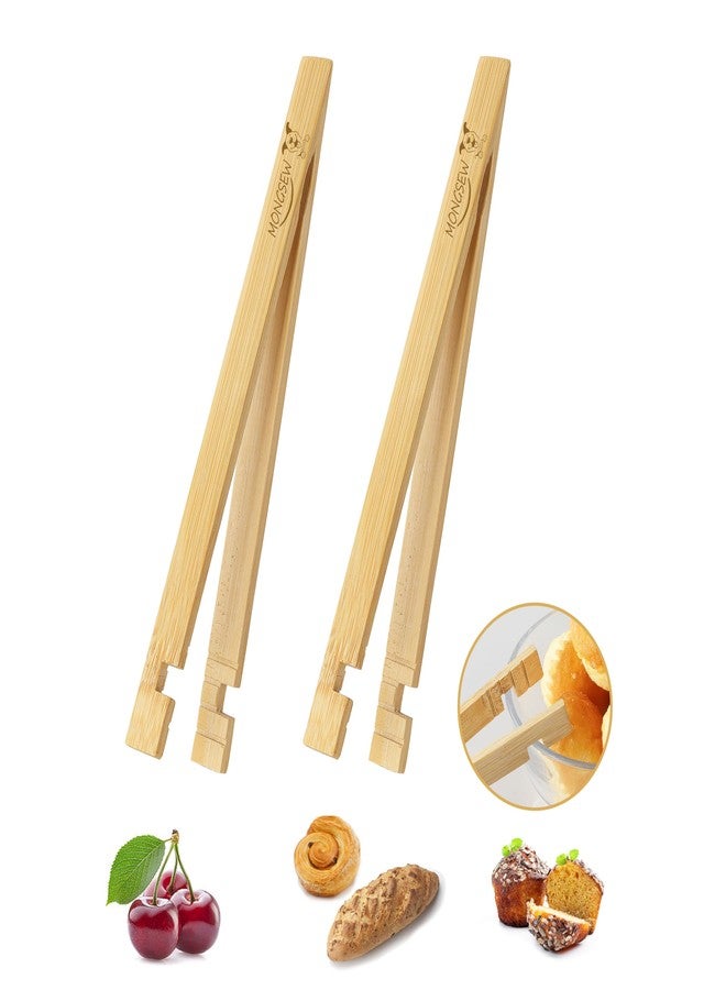 MONGSEW 2PCS Wooden Bamboo Toaster Tongs, MONGSEW 8 inch Multipurpose Wood Tongs for Toaster, Fruits, Bread, Pickles, cheese, Bacon, and Muffins (Unique Pattern) - Image 1
