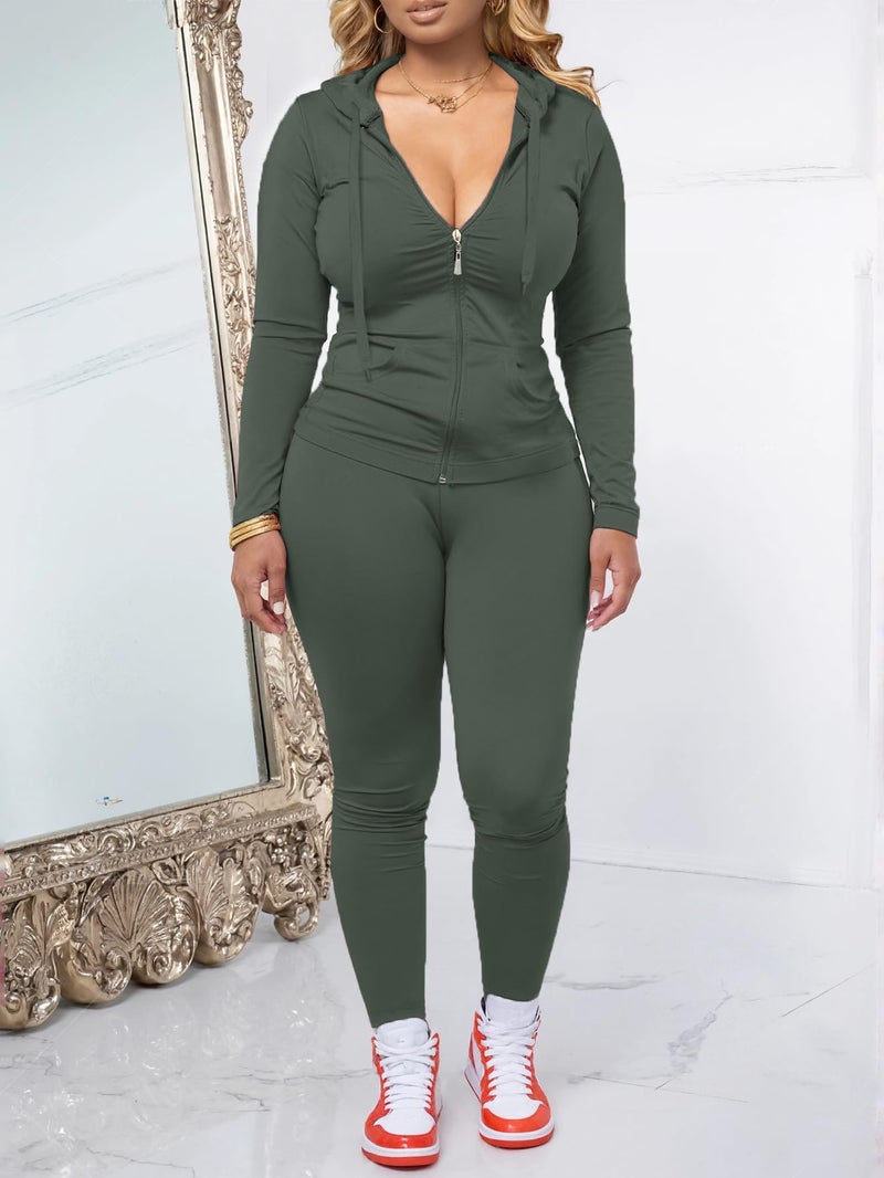 AUXDIO Women 2 Piece Outfits Casual Workout Sets Bodycon Tracksuit Zip Up Long Sleeve Hoodle Jacket Jogger Pants Set Army Green S - Image 2