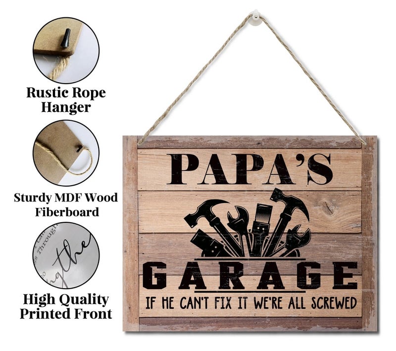 BQL Rustic Sign  Father's Day Gift  Dad's Gift  Grandpa's Gift  Decor Hanging Wood Signs  Printed Wood Wall Art Sign  Papa's Garage  If He Can't Fix It We're All Screwed  Vintage Sign Gift for Grandpa - Image 5