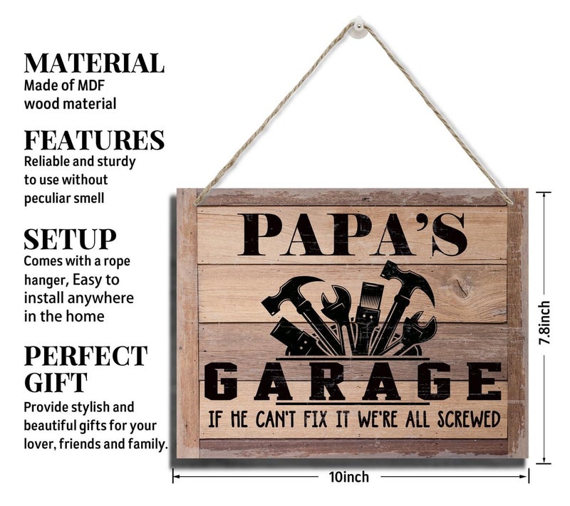 BQL Rustic Sign  Father's Day Gift  Dad's Gift  Grandpa's Gift  Decor Hanging Wood Signs  Printed Wood Wall Art Sign  Papa's Garage  If He Can't Fix It We're All Screwed  Vintage Sign Gift for Grandpa - Image 2