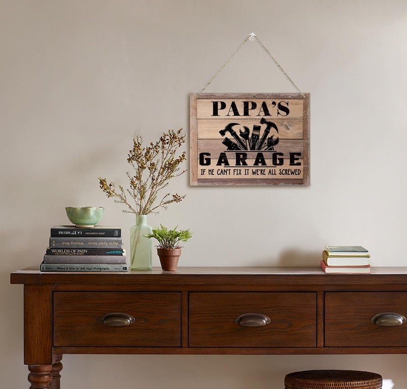 BQL Rustic Sign  Father's Day Gift  Dad's Gift  Grandpa's Gift  Decor Hanging Wood Signs  Printed Wood Wall Art Sign  Papa's Garage  If He Can't Fix It We're All Screwed  Vintage Sign Gift for Grandpa - Image 4