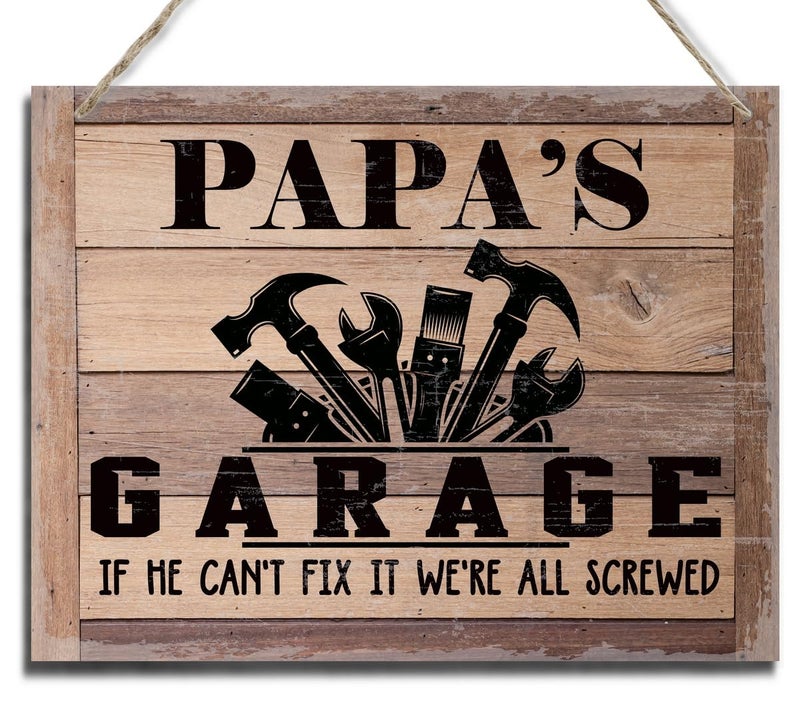 BQL Rustic Sign  Father's Day Gift  Dad's Gift  Grandpa's Gift  Decor Hanging Wood Signs  Printed Wood Wall Art Sign  Papa's Garage  If He Can't Fix It We're All Screwed  Vintage Sign Gift for Grandpa - Image 1