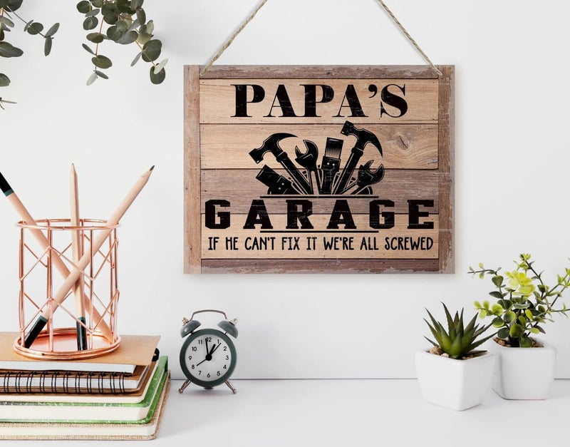 BQL Rustic Sign  Father's Day Gift  Dad's Gift  Grandpa's Gift  Decor Hanging Wood Signs  Printed Wood Wall Art Sign  Papa's Garage  If He Can't Fix It We're All Screwed  Vintage Sign Gift for Grandpa - Image 3