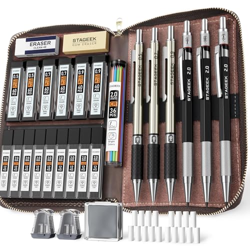 STAGEEK Mechanical Pencil Set with Leather Bag 30 Count Drawing Pencils 05 07 09MM 3PCS 2MM Sketching Pencils with 464PCS Lead Refills 6B 4B 2B HB 2H 4H Color for Artist Drafting Drawing - Image 1