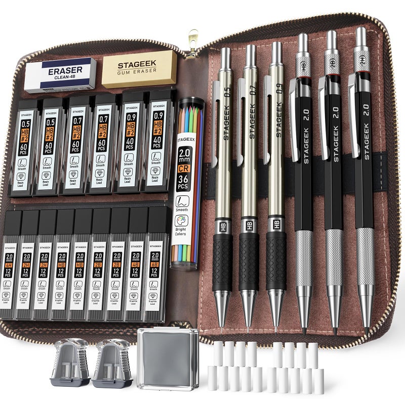 STAGEEK Mechanical Pencil Set with Leather Bag 30 Count Drawing Pencils 05 07 09MM 3PCS 2MM Sketching Pencils with 464PCS Lead Refills 6B 4B 2B HB 2H 4H Color for Artist Drafting Drawing - Image 2