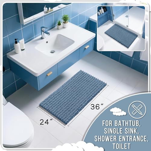 Yimobra Large Bathroom Rugs Non Slip Washable 36x24 Inch - Ultra Soft Absorbent Chenille Bath Mat, Quick Dry Shaggy Floor Carpet for Tub Shower, Denim Blue Home Decor Accessories - Image 2