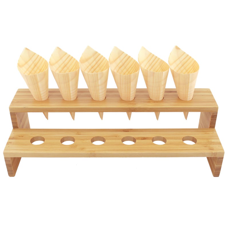 BambooMN 13" x 4.9" x 3.5" Natural Bamboo Straight Multi Level Food Cone Display Tamaki Stand for Restaurants, Catered Events, Party or Buffets, Holds up to 12 Cones - Image 1