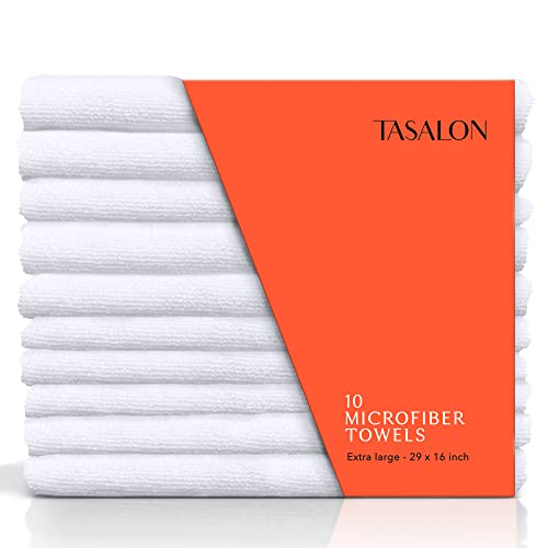 TASALON Microfiber Hair Towel for Salon - 10 Pack - 29 x 16 Inches, Quick Dry and Ultra-Soft Facial Towels with Soft Absorbant - White - Image 1