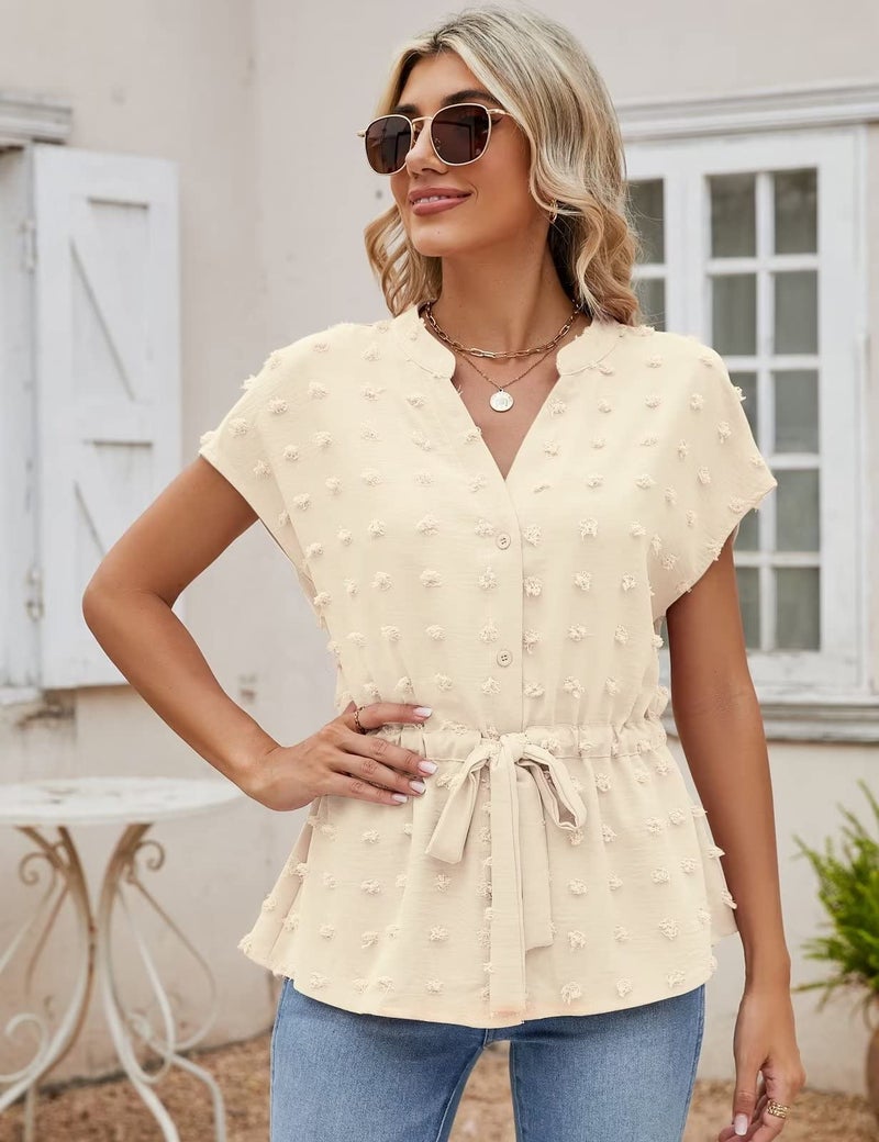 CiCiBird Womens Button Down Blouses Casual Peplum Summer Tops Dressy Chiffon Work Blouse Apricot Pompom L - Image 4