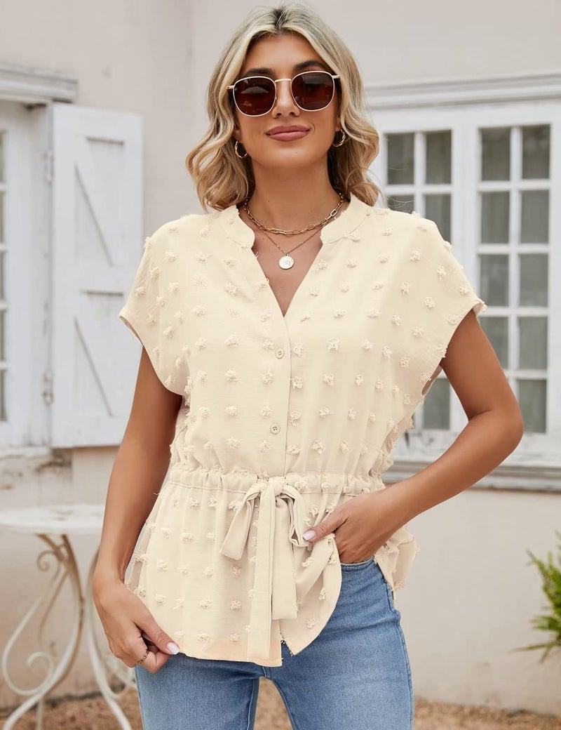 CiCiBird Womens Button Down Blouses Casual Peplum Summer Tops Dressy Chiffon Work Blouse Apricot Pompom L - Image 3