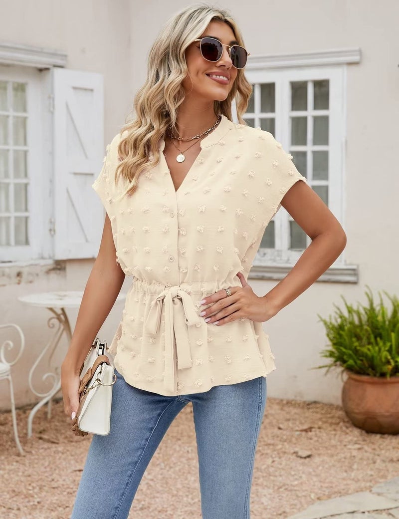 CiCiBird Womens Button Down Blouses Casual Peplum Summer Tops Dressy Chiffon Work Blouse Apricot Pompom L - Image 5