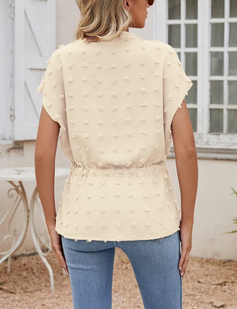 CiCiBird Womens Button Down Blouses Casual Peplum Summer Tops Dressy Chiffon Work Blouse Apricot Pompom L - Image 2