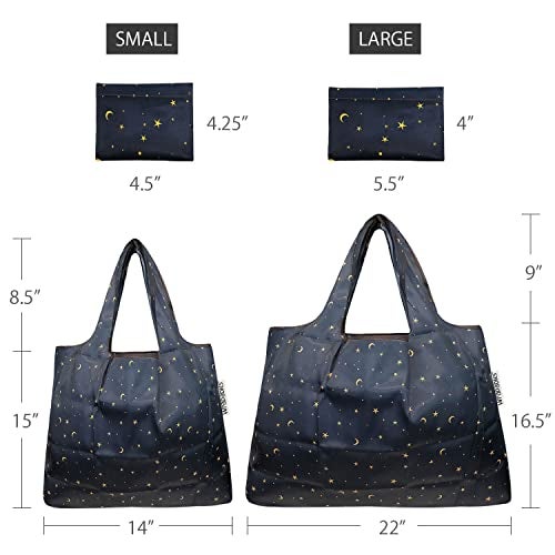 allydrew Large & Small Foldable Tote Nylon Reusable Grocery Bags, Set of 2, Moon & Stars - Image 2