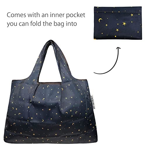 allydrew Large & Small Foldable Tote Nylon Reusable Grocery Bags, Set of 2, Moon & Stars - Image 5