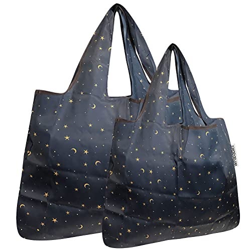 allydrew Large & Small Foldable Tote Nylon Reusable Grocery Bags, Set of 2, Moon & Stars - Image 1