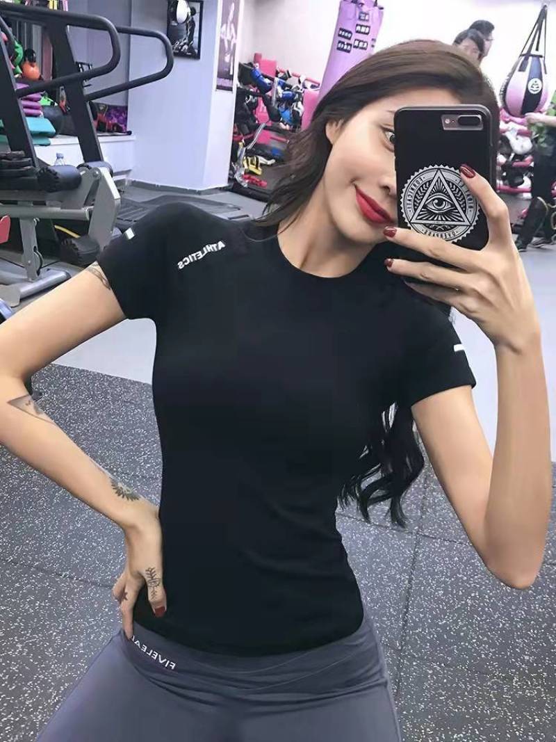 Spring and Summer Fitness Clothes Breathable Short-sleeved Yoga Clothes Women's Top High Stretch Running Quick-drying Clothes Sports Tight T-shirt(604-Black, M) - Image 1