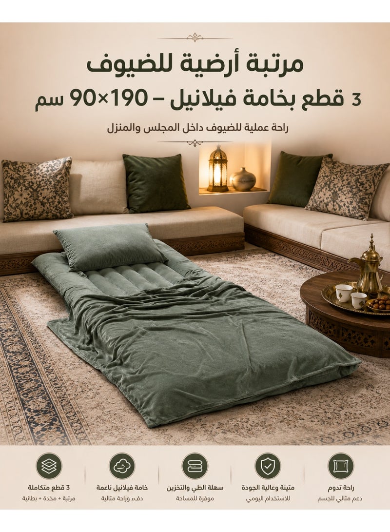 طقم دوشق مرتبة أرضية للضيوف 3 قطع فيلانيل – 90×190 سم مع بطانية وتلبيسة مخدة - Image 3