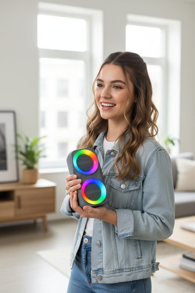 Jnuobi مكبر صوت بلوتوث لاسلكي محمول JNUOBI GN-18 بقوة 12 واط مع إضاءة RGB ملونة وتصميم مزدوج 3 بوصة بطارية قابلة للشحن 1200 ملي أمبير يدعم USB وراديو FM لصوت ستيريو محيطي عالي النقاء - Image 5