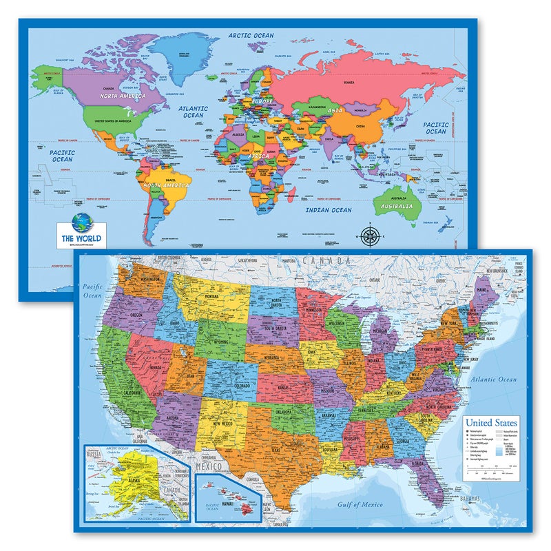 Palace Learning 2 Pack - World Map for Kids + Blue Ocean USA Map (LAMINATED, 18" x 29") - Image 1