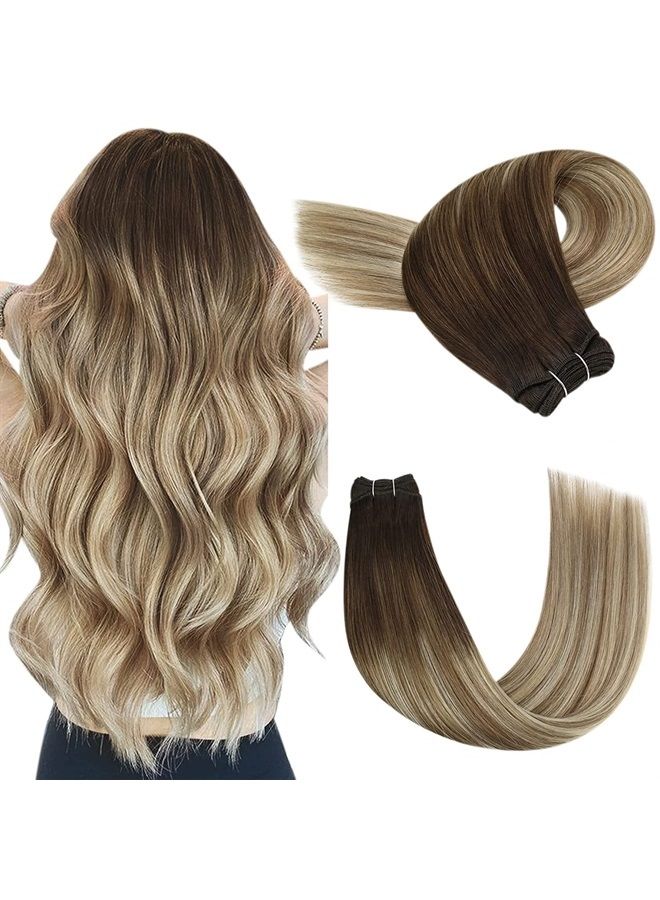 YoungSee Sew in Hair Extensions Real Human Hair Balayage Brown to Blonde Weft Hair Extensions Human Hair 20inch Double Weft Hair Extensions Brown Balayage Hair Extensions Sew in Hair Bundles 100g - Image 1