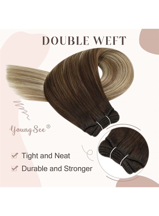 YoungSee Sew in Hair Extensions Real Human Hair Balayage Brown to Blonde Weft Hair Extensions Human Hair 20inch Double Weft Hair Extensions Brown Balayage Hair Extensions Sew in Hair Bundles 100g - Image 3